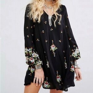 Free People Oxford Black Floral Embroidered Long Sleeve Flare Mini Dress Small